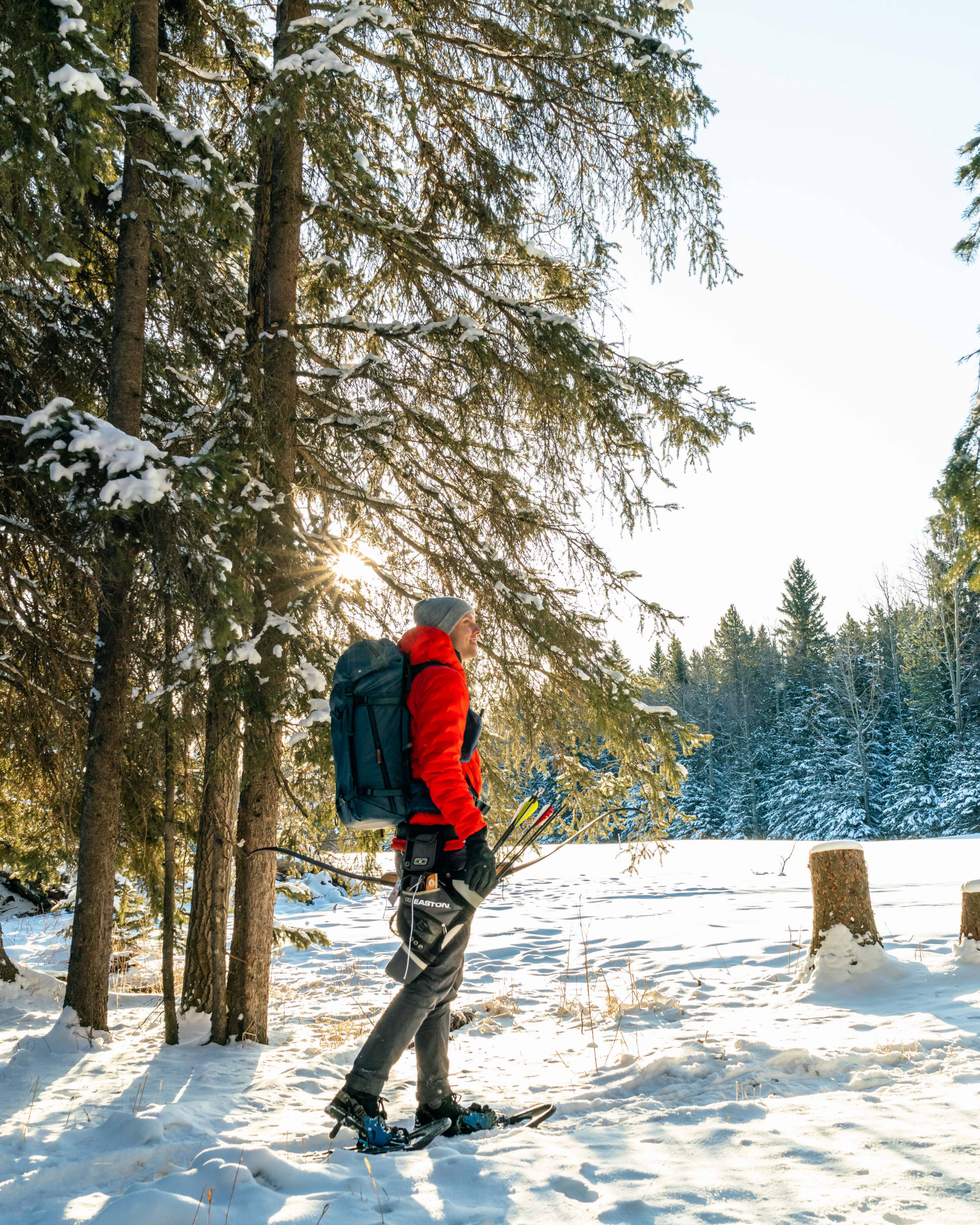 A person in a wintery tree line emerging to a sunny clearing wearing winter clothes and a pack.