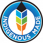 Indigenous Mmade logo with a multicoloured feather standing straight up encircled in blue with the words Indigenous Made.